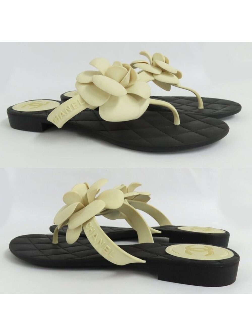 Chanel Camellia Beach Sandals Flat Heel 35 Black White Rubber Thong - Picture 4 of 11